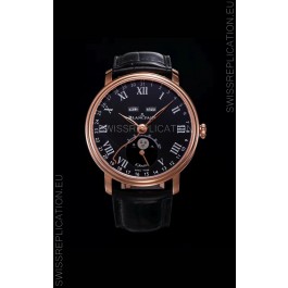 Blancpain "Villeret Quantième Complet" 904L Steel Rose Gold Watch in Black Dial