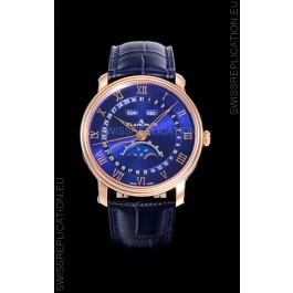 Blancpain "Villeret Quantième Complet" 904L Steel Rose Gold Watch in Blue Dial