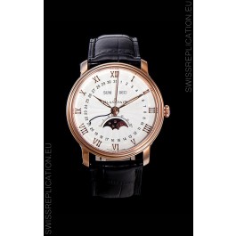 Blancpain "Villeret Quantième Complet" 904L Steel Rose Gold Watch in White Dial