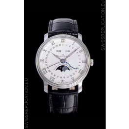 Blancpain "Villeret Quantième Complet" 904L Steel Swiss Watch in Off-White Dial