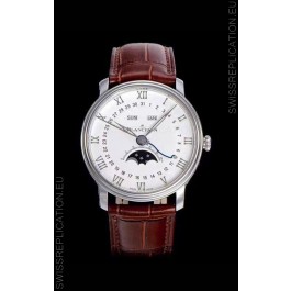 Blancpain "Villeret Quantième Complet" 904L Steel Swiss Watch in Off-White Dial