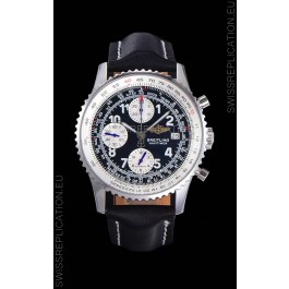 Breitling Navitimer Chronograph 41MM Swiss Replica Watch in 904L Steel Casing - Black Leather Strap