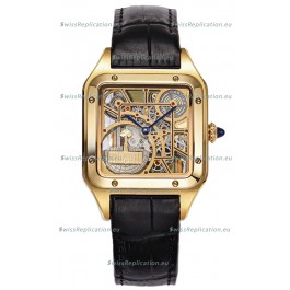 Cartier Santos Dumont Skeleton Yellow Gold Watch in Black Leather Strap 43.5MM