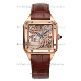 Cartier Santos Dumont Skeleton Rose Gold Watch in Brown Leather Strap 43.5MM