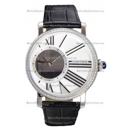 Rotonde De Cartier in Stainless Steel Casing - Leather Strap Swiss Quartz Replica Watch 