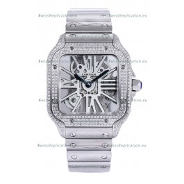 Santos De Cartier Watch in Skeleton Dial - Diamonds Bezel in Steel Casing & Strap Swiss Replica