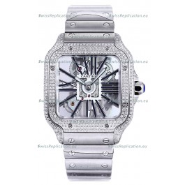 Santos De Cartier Watch in Skeleton Dial - Diamonds Bezel in Steel Casing Swiss Replica