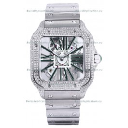 Santos De Cartier Watch in Skeleton Dial - Diamonds Bezel in Steel Casing Swiss Replica