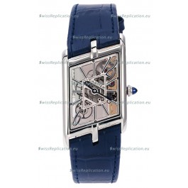 Cartier Tank Asymétrique Stainless Steel Casing Blue Strap Watch in Leather Strap Swiss Replica