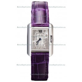 Cartier Tank Anglaise Stainless Steel Watch in Purple Leather Strap Swiss Quartz Watch 30MM