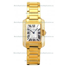 Cartier Tank Anglaise Yellow Gold Watch in Steel Strap Diamonds Bezel Swiss Quartz Watch 30MM