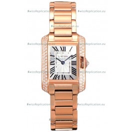 Cartier Tank Anglaise Rose Gold Watch in Steel Strap Diamonds Bezel Swiss Quartz Watch 30MM