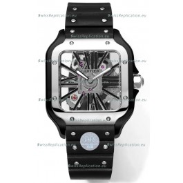 Santos De Cartier Watch in Skeleton Dial - DLC Coated Casing & Steel Strap in Rubber Strap