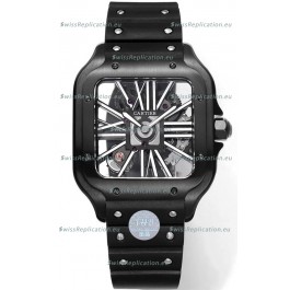 Santos De Cartier Watch in Skeleton Dial - DLC Coated Casing & Bezel in Rubber Strap