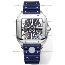 Santos De Cartier Watch in Skeleton Dial - Stainless Steel Casing Blue Rubber Strap
