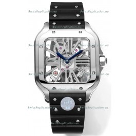 Santos De Cartier Watch in Skeleton Dial - Stainless Steel Casing & Bezel Black Rubber Strap