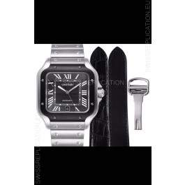 Cartier "Santos De Cartier" Mens XL 1:1 Mirror Replica Watch in Stainless Steel Casing - Black Bezel