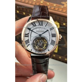 Drive De Cartier Rose Gold Tourbillon Super clone Replica Watch in White Dial 