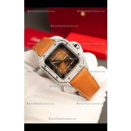Santos De Cartier Watch in Brown Dial 39.50MM MOSSANITES Paved Bezel Swiss Replica Watch