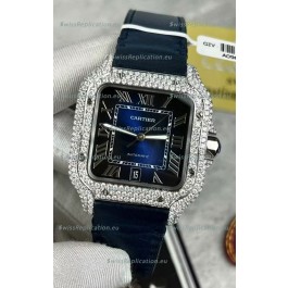 Santos De Cartier Watch in Blue Dial 39.50MM MOSSANITES Paved Bezel Swiss Replica Watch