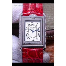 Cartier Tank Reversible Swiss Quartz Replica Watch in Steel Casing - Red Strap
