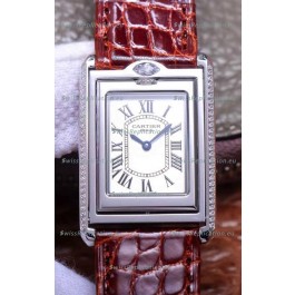 Cartier Tank Reversible Swiss Quartz Replica Watch in Steel Casing - Brown Strap