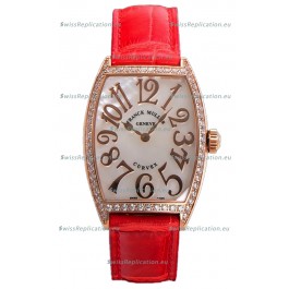 Franck Muller Cintree Curvex Mother of Pearl Dial Watch in Rose Gold Plating - Red Strap 
