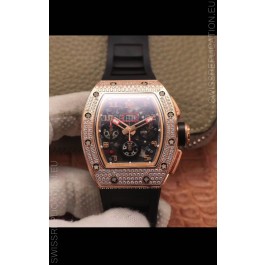 Richard Mille RM011 Felipe Massa 1:1 Mirror Quality One Piece Black Ceramic Rose Gold Diamonds Watch 
