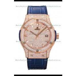 Hublot Classic Fusion Automatic Rose Gold Diamonds Paved Dial Blue Strap 42MM Superclone Replica Watch 