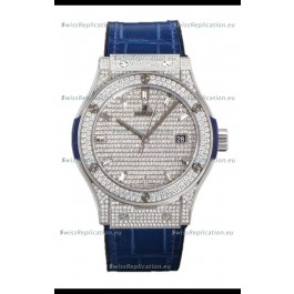 Hublot Classic Fusion Automatic Steel Diamonds Paved Dial Blue Strap 42MM Superclone Replica Watch 