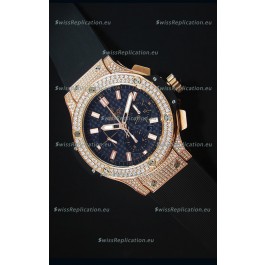 Hublot Big Bang Carbon Dial Diamonds Studded Rose Gold Swiss Watch 