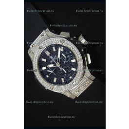 Hublot Big Bang Carbon Dial Diamonds Studded Stainless Steel Swiss Watch 
