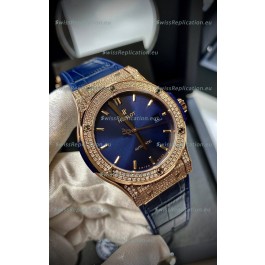 Hublot Classic Fusion Diamonds Rose Gold Steel Blue Dial Swiss Replica Watch 1:1 Mirror Quality