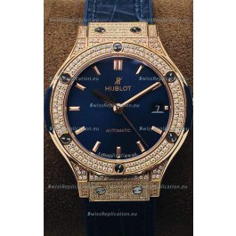Hublot Classic Fusion Diamonds Rose Gold Blue Dial 38MM Swiss Replica Watch 1:1 Mirror Quality