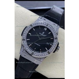 Hublot Classic Fusion Stainless Steel Diamonds Black Dial Swiss Replica Watch 1:1 Mirror Quality