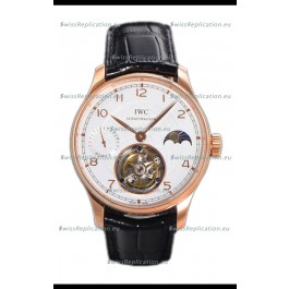 IWC Portugese Hand-Wound Genuine Tourbillon White Dial Rose Gold Casing Swiss Replica Watch 