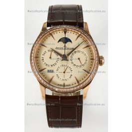 Jaeger LeCoultre Super Clone Master Ultra-Thin Perpetual Calendar Cream Dial Diamonds Bezel Watch