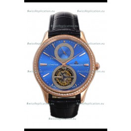 Jaeger LeCoultre Master Ultra-Thin Tourbillon Blue Dial Rose Gold Casing Watch 