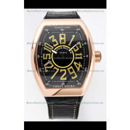Franck Muller Vanguard Crazy Hours in Rose Gold Plating - Black Dial Swiss Replica Watch 