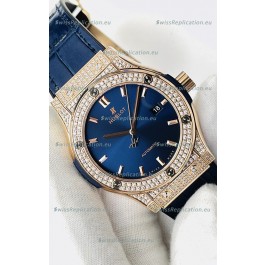 Hublot Classic Fusion Diamonds Rose Gold Steel Blue Dial Swiss Replica Watch 1:1 Mirror Quality 