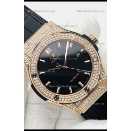 Hublot Classic Fusion Diamonds Rose Gold Black Dial Swiss Replica Watch 1:1 Mirror Quality 