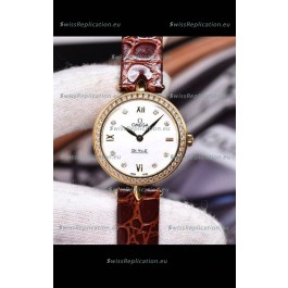 Omega De Ville Prestige Dewdrop Edition Swiss Quartz Watch in Rose Gold Brown Strap