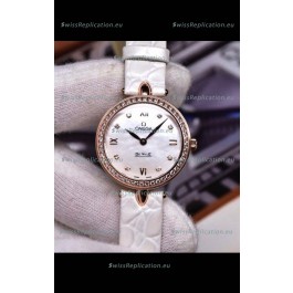 Omega De Ville Prestige Dewdrop Edition Swiss Quartz Watch in Rose Gold White Strap