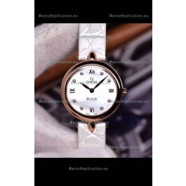 Omega De Ville Prestige Dewdrop Edition Swiss Quartz Watch in Rose Gold White Strap