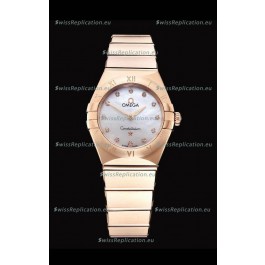 Omega Constellation Ladies Swiss Quartz 1:1 Mirror Replica - Rose Gold Casing White Pearl Dial