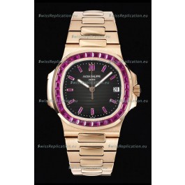 Patek Philippe Nautilus 5711 Black Dial 1:1 Mirror Replica in Rose Gold 904L Steel with Rubies Bezel