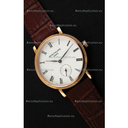 Patek Philippe Calatrava Japanese Mens Watch in Yellow Gold Case Brown Strap