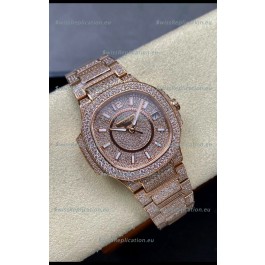 Patek Philippe Nautilus 7010 Diamonds Paved Rose Gold 32MM 1:1 Mirror Replica - Genuine Diamonds