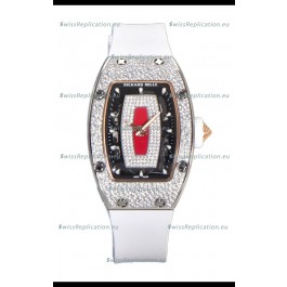 Richard Mille RM007 Diamonds Paved White Strap Red Dial 904L Steel Superclone Swiss Watch