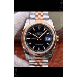 Rolex Datejust 36MM Cal.3135 Movement Swiss Replica Watch in 904L Steel Two Tone Casing Black Dial